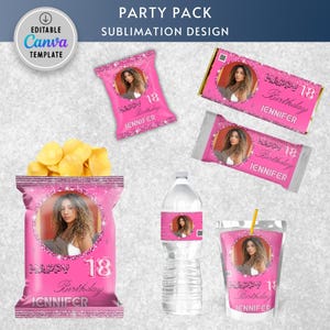 Pink auf Pink Glitter ANY AGE Geburtstag, Chip Bag Wrapper, Favor Taschen, Foto Chip Bag, Erwachsene, Frau, Sparkle, Glam, Teen, EDITIERBAR in Canva,