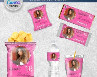 Rosa sobre rosa brillante para cualquier edad, cumpleaños, envoltorio para bolsas de papas fritas, bolsas de regalo, bolsa de papas fritas con foto, adulto, mujer, brillo, glamour, adolescente, editable en Canva.