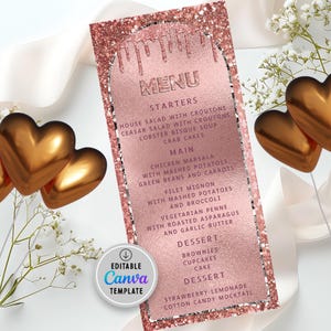 Editable Rose Gold Menu Card Template | Rose Gold Glitter Drip Menu Card | Birthday Dinner Menu Cards | Printable | Editable in Canva