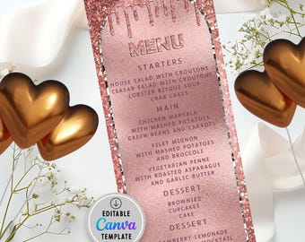 Modèle de carte de menu modifiable en or rose | Carte de menu goutte à goutte scintillante or rose | Cartes de menu pour le dîner d'anniversaire | Imprimable | Modifiable dans Canvas