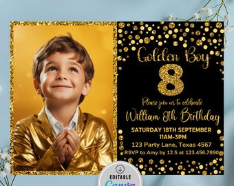 Goldener Geburtstagseinladung Jungen goldenen Geburtstagseinladung Gold-Glitter-Geburtstagseinladung Goldener Geburtstag einladen für Jungen Jedes Alter bearbeiten