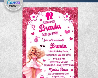 Rosa Puppe Geburtstagseinladung, Puppe Einladung Vorlage, Prinzessin Themed Dekor, Girl Party einladen, Mädchen bearbeitbar einladen, druckbare Karte