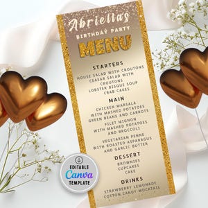Editable Gold Glitter Birthday Dinner Menu Event Place Card, Printable Dinner Party and Drink Menu Card, Editable Template, Instant Download