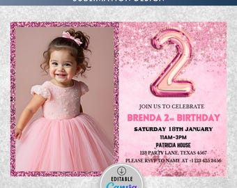 Rosa Glitzer Ballon 2. Geburtstag Einladungsvorlage (Digitaler Download)