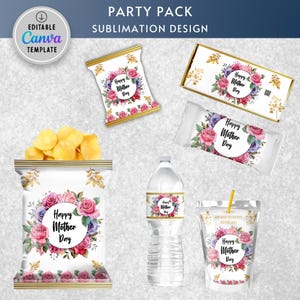 May include: A party pack of sublimation designs featuring a floral theme with the text "Happy Mother's Day". The designs include labels for a chip bag, candy bar, water bottle, juice box, and a smaller snack bag.