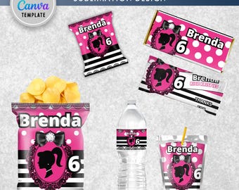 Pink Fashion Doll Chip Bag, Girl Birthday Treat Bags, Pink Favor Bags, DIY Birthday Party Favors, Printable Doll Templates | Edit with Canva