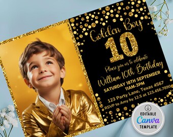 Editable Golden birthday invitation Boys golden birthday invitation Gold glitter birthday invitation Golden birthday invite for boy Any age