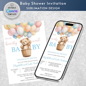 Teddy Bear Baby Shower Invitation: Hot Air Balloon Theme (Canva Template, Digital Download)