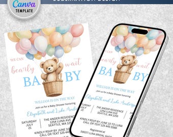 Editable Teddy Bear Hot Air Balloon Bear Theme Baby Shower Invitation We Can Bearly Wait Invites Template Instant Download Edit in Canva