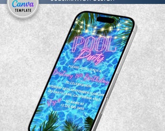 Tropical Pool Party Birthday Video Invitation (DIY Canva Template)
