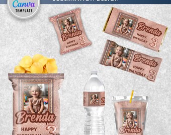 Bolsa de papas fritas en oro rosa con goteo / Bolsa de papas fritas imprimible en oro rosa / Recuerdos de cumpleaños en oro rosa / Recuerdos de eventos en oro rosa / Plantilla digital en oro rosa