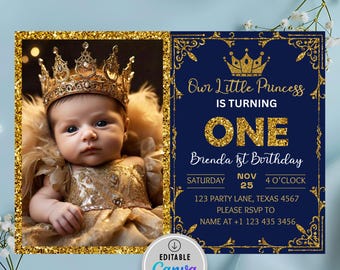 Prinz 1. Geburtstagseinladung Editierbarer Prinz Erster Geburtstagseinladungsvorlage Krone Royal Blau gold Boy Invite Printable Download Canva