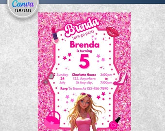 Modepuppen-Party-Einladung, Puppen-Mädchen-Party einladen, Mädchen-Geburtstag einladen, Puppen-Geburtstags-Einladung, rosa Puppe-Geburtstags-Einladung, Canva