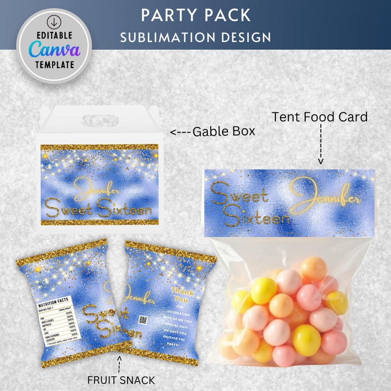 Editable Royal Blue Silver Birthday Invitation Bundle Glitter Sweet 16 ...