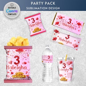 May include: A party pack of printable designs featuring a pink and red color scheme with gold accents. The designs include a chip bag, a water bottle label, a juice box label, a candy bar wrapper, and a favor bag. The designs feature the name Haleigha and the number 3, along with the text "Happy Birthday".
