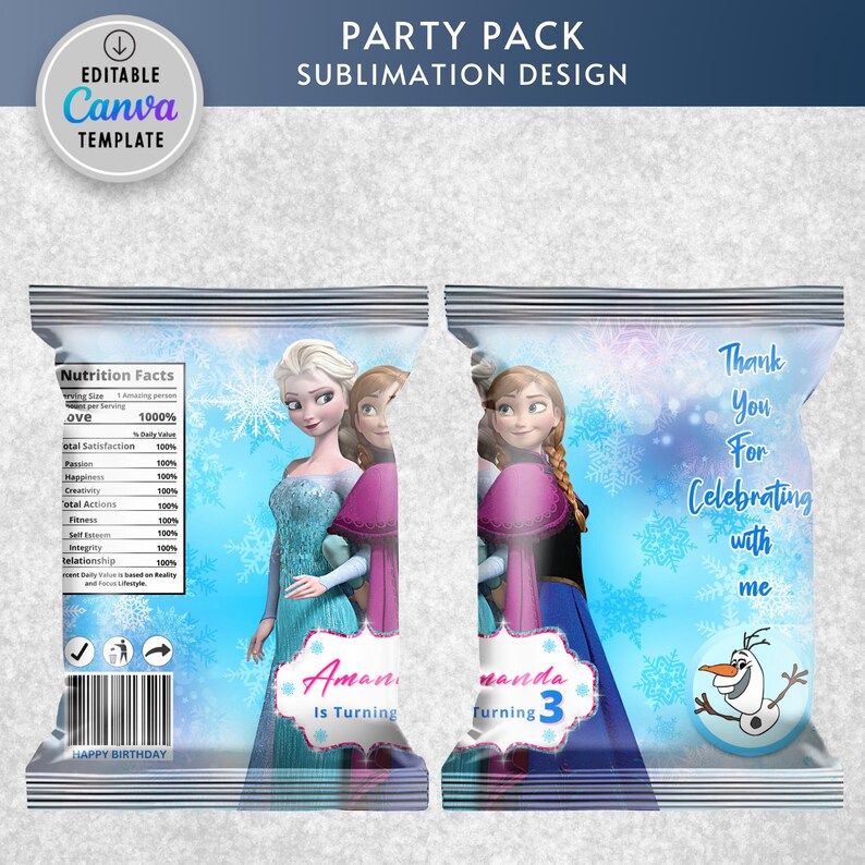 birthday party, birthday printable, chip bag, chip bag label, chip bag wrapper, snack bag, snack bag label, frozen, elsa, anna, frozen chip bag, frozen birthday, frozen printable