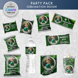 May include: A party pack sublimation design featuring various items like chip bags, candy bars, a water bottle, and a gift bag. Each item has a green and silver design with a photo and the text "Amanda's 16th Birthday Celebration."