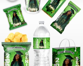 Green Graduation 2026 Canva Bundle Template, Editable Grad Party Favors Class of 2026, Graduate Chip Bag Chocolate, Water Bottle, Digital