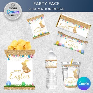 Påskchipspåse, redigerbar påskchipspåse, Glad påskchipspåse, etikett för påskharechipspåse, direktnedladdning, Canva, partypaket