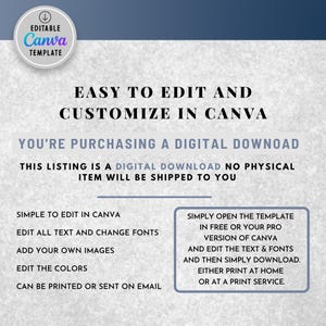 Puede incluir: Una plantilla de descarga digital para Canva, con instrucciones sobre c&oacute;mo editar y personalizar la plantilla. El texto dice "F&aacute;cil de editar y personalizar en Canva. Est&aacute;s comprando una descarga digital. Esta lista es una descarga digital. No se enviar&aacute; ning&uacute;n art&iacute;culo f&iacute;sico. F&aacute;cil de editar en Canva. Edita todo el texto y cambia las fuentes. Agrega tus propias im&aacute;genes. Edita los colores. Se puede imprimir o enviar por correo electr&oacute;nico. Simplemente abre la plantilla en la versi&oacute;n gratuita o pro de Canva y edita el texto y las fuentes, y luego simplemente descarga. Imprime en casa o en un servicio de impresi&oacute;n."