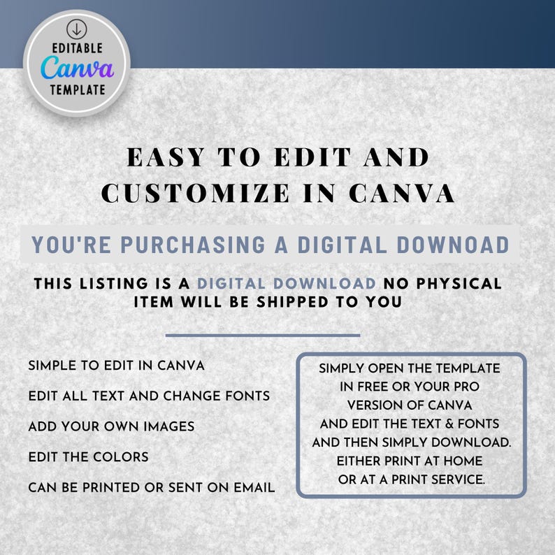 Puede incluir: Una plantilla de descarga digital para Canva, con instrucciones sobre c&oacute;mo editar y personalizar la plantilla. El texto dice "F&aacute;cil de editar y personalizar en Canva. Est&aacute;s comprando una descarga digital. Esta lista es una descarga digital. No se enviar&aacute; ning&uacute;n art&iacute;culo f&iacute;sico. F&aacute;cil de editar en Canva. Edita todo el texto y cambia las fuentes. Agrega tus propias im&aacute;genes. Edita los colores. Se puede imprimir o enviar por correo electr&oacute;nico. Simplemente abre la plantilla en la versi&oacute;n gratuita o pro de Canva y edita el texto y las fuentes, y luego simplemente descarga. Imprime en casa o en un servicio de impresi&oacute;n."