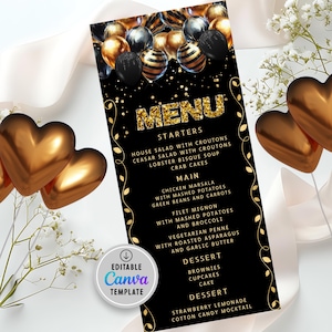 Gold & Black Balloons Dinner Menu Template (Digital Download)