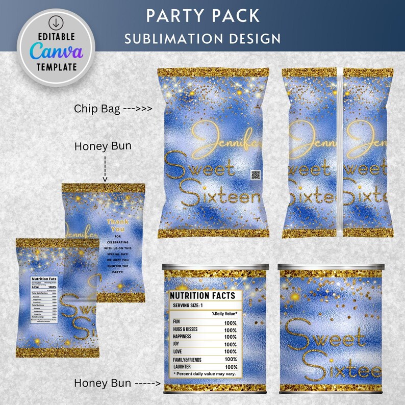 Editable Royal Blue Silver Birthday Invitation Bundle Glitter Sweet 16 ...