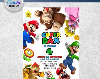 Bearbeitbare Mario-Einladung, Super Mario-Geburtstagseinladung. Mario Vorlage, Mario Party-Einladung, Mario Peach Donkey Kong-Einladung