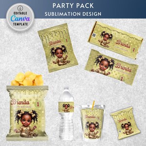 May include: Party pack sublimation design featuring a baby girl illustration. The design includes a chip bag, candy bar wrappers, a water bottle label, a juice pouch, and a small snack bag. The text "Brenda Happy Birthday 1" is visible.