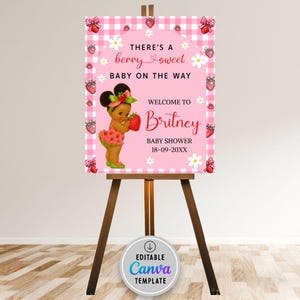 Cartello di benvenuto modificabile per baby shower a forma di fragola: tema Berry Sweet (download digitale)