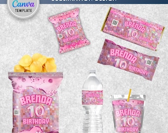 Kit de fiesta de cumpleaños rosa, plantilla imprimible, bolsa de papas fritas de cumpleaños rosa, etiqueta editable, envoltorio imprimible, recuerdos editables en Canva