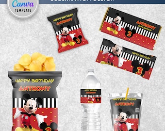 Paquete editable para fiesta de Mickey Mouse: bolsa de papas fritas de Mickey Mouse, etiqueta Caprisun de Mickey Mouse, etiqueta de agua de Mickey Mouse, editable en Canva.