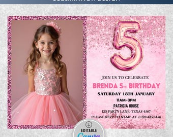 Rosa Geburtstagseinladung Mädchen, Glitter Geburtstag einladen Mädchen, Rosa Folienballon Geburtstag einladen Vorlage Canva