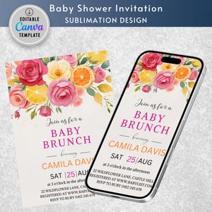 Citrus Baby Brunch Shower Invitation, Citrus Lemon Baby Shower Invite, Bright Citrus Baby Brunch Invite, Floral Citrus Baby Shower