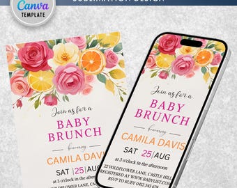 Citrus Baby Brunch Shower Invitation, Citrus Lemon Baby Shower Invite, Bright Citrus Baby Brunch Invite, Floral Citrus Baby Shower