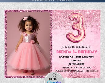 Pinker 3. Geburtstag Einladung, Mädchen Glitter Geburtstag einladen, Mädchen 3. Geburtstag einladen, Pink Folienballon Geburtstag einladen Vorlage