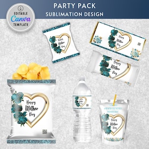 May include: A party pack of printable labels for Mother's Day. The labels feature a gold heart with teal flowers and the text "Happy Mother's Day". The labels are designed for use on various items, including chip bags, candy bars, water bottles, and juice boxes.