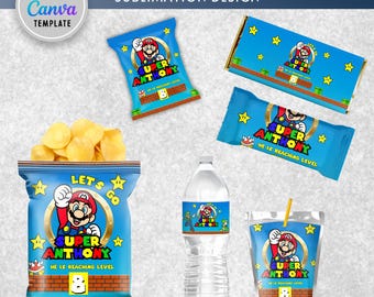Editable Super Mario Kids Party Bundle Kit, Template Printable, kids Birthday chip bag, kids Editable labels, printable wrapper, editable