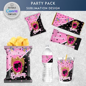 Doll Party Pack printable, Favor Bag,chip bag, water bottle label, Video party, Digital Printable Design, edit in canva, Digital Download