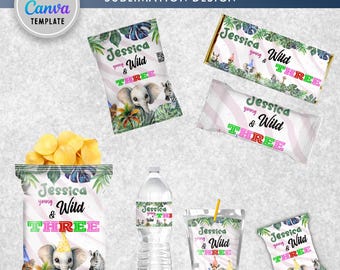 May include: Party pack with a jungle theme, featuring the text "Jessica young & Wild THREE" on various items. Includes chip bags, candy bars, water bottle, and juice pouch, all decorated with elephants, zebras, and tropical foliage.