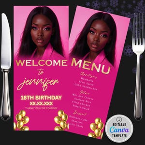 Pink and Gold Birthday Menu Template: Customizable Canva Design (4x9 Inches) (Digital Download)