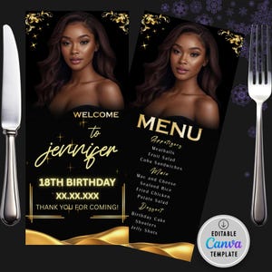 Editable Menu and Program Template Black gold Birthday menu with picture Dinner Menu card printable, Anniversary program party trifold menu