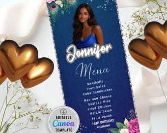 Bearbeitbares Menü und Programmvorlage Schwarzgold Geburtstagsmenü mit Bild Abendmenükarte druckbar, Jubiläumsprogramm Party dreifaches Menü