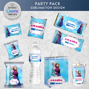 Frozen Birthday Party Chip Bags Wrapper Label Elsa Anna Olaf Snack Bag Printable editable in canva | Digital instant Download
