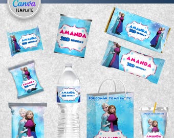 Paquete de fiesta de cumpleaños de Frozen - Delicias congeladas - Bolsa de papas fritas - Capri Sun - Etiquetas para botellas de agua - Personalizado - ARCHIVO DIGITAL