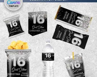 Silber Glitter Sweet 16.Geburtstag Gastgeschenke, Chip Beutel Vorlage, Party Chip Taschen, Geburtstag Gastgeschenke für Jugendliche