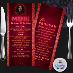 Red Glitter Birthday Dinner Menu Template (Canva, Instant Download)