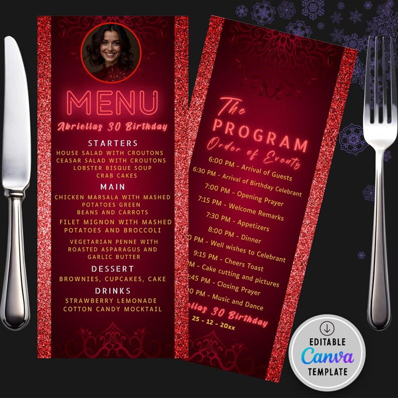 Event Menu Card Example Editable Red Glitter Birthday Dinner Menu Card, Printable Dinner Party ...
