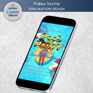 Pool Party Invitation. Digital Animated Tropical Beach Birthday Invite. For Teens, Kids, Adults. Boys or Girls Fun DIY Editable Template.