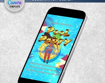 Tropical Beach Pool Party Video Invitation, Editable Template (Digital)